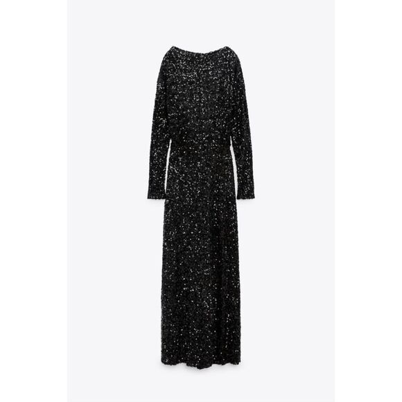 Black Zara Sequin Embellished Open Back Tie-Neck Long Sleeve Maxi Dress (NWT) - Picture 1 of 5